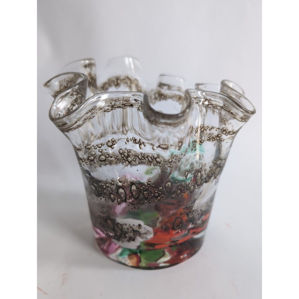 Vtg Zorza Art Glass Vase Crimped Hand Blown Poland Gold Confetti Ribbon